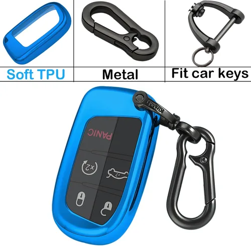 Vista 6 de Kirsnda Funda para llavero Jeep, con llavero compatible con Grand Cherokee Renegade Chrysler 200 300 Dodge Durango Challenger Journey Dart Fiat Azul