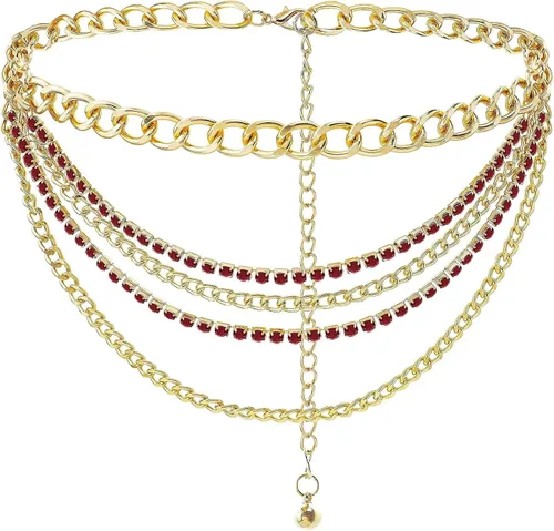 Vista 9 de Suyi Cinturón de cadena multicapa Cinturones de cadena de metal con diamantes de imitación para mujer Cadena de cintura dorada punk Dorado