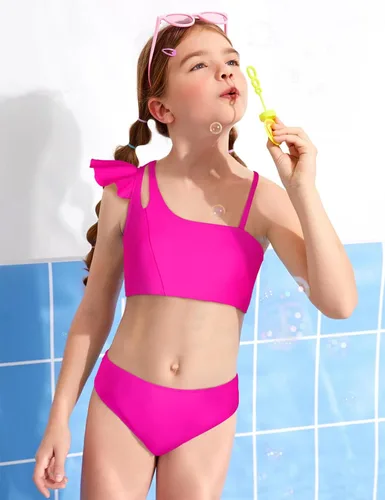 Vista 2 de Doumlop Conjunto de bikini para niñas, traje de baño para niñas con volantes de dos piezas con correa ajustable