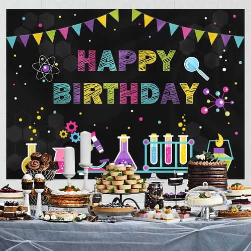 Vista 4 de Fondo temático de cumpleaños de ciencia química para niños, ciencia loca, divertido, científico, feliz cumpleaños, fotografía, fondo para niños