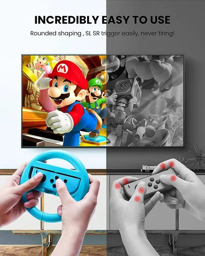 Vista 2 de VOYEE Steering Wheel Compatible with Nintendo Switch Wheel, Family Use Accessories Compatible with Switch JoyCon Controllers, 2 Pack (Blue and Red)