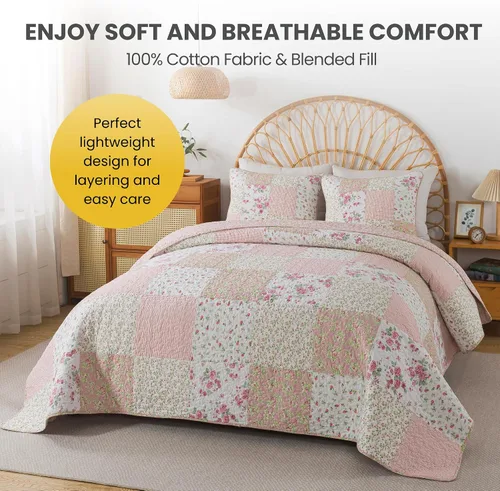 Vista 3 de Soul & Lane Blush Bloom - Juego de colcha de algodón, tamaño individual con 1 funda de almohada, colcha acolchada floral con diseño de parches