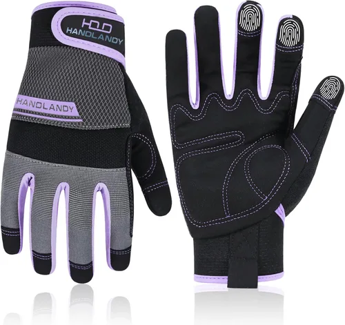 Vista 7 de HANDLANDY Guantes de trabajo para mujer, guantes de jardinería de cuero transpirable para mantenimiento de patio, protección de manos con pantalla