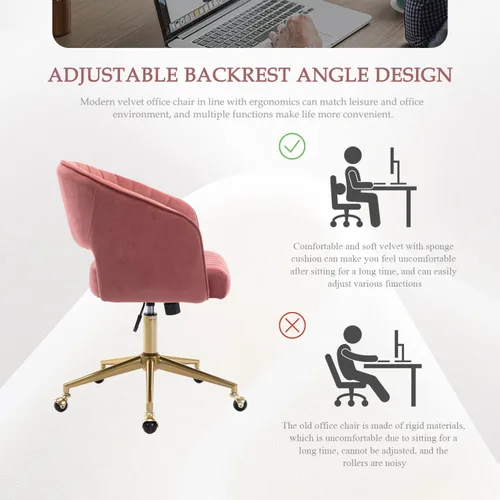 Vista 6 de Silla de escritorio de oficina de terciopelo, moderna silla de escritorio ajustable para el hogar con ruedas, silla giratoria para dormitorio