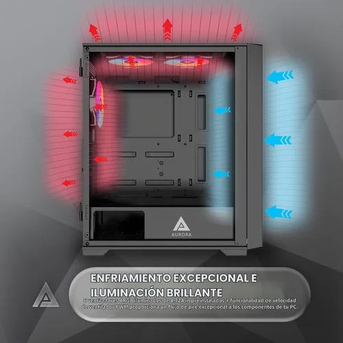 Vista 3 de Apevia Aurora-BK Aurora Mid Tower - Funda para PC para juegos con 6 ventiladores PWM ARGB de 4.724 in, 366 modos de luz RGB, 1 panel frontal