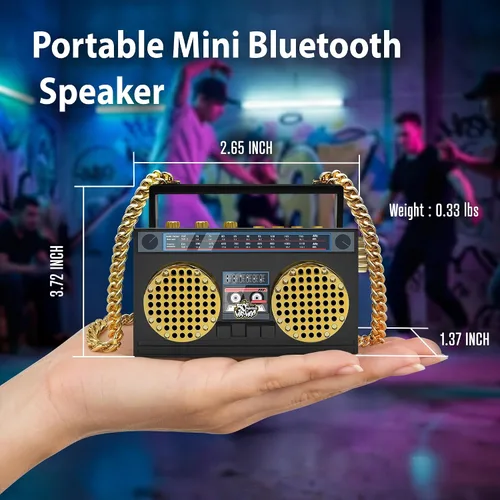 Vista 2 de Altavoz inalámbrico portátil mini Bluetooth de 50 aniversario del Hip Hop, Boombox retro portátil, collar de 27 pulgadas, radio FM, botones a bordo