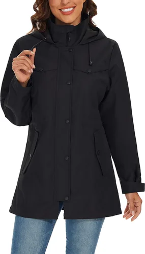 Vista 3 de BenBoy Chaqueta impermeable ligera para mujer, abrigo largo con capucha para exteriores, rompevientos