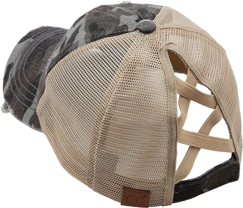 Vista 3 de Funky Junque Gorra de béisbol para mujer, diseño de cola de caballo desgastada, moño desordenado, camionero