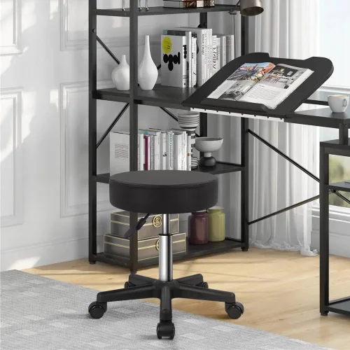 Vista 2 de KKTONER Taburete redondo con ruedas de cuero PU ajustable giratorio de trabajo de dibujo SPA Taburetes de salón Silla con ruedas Negro