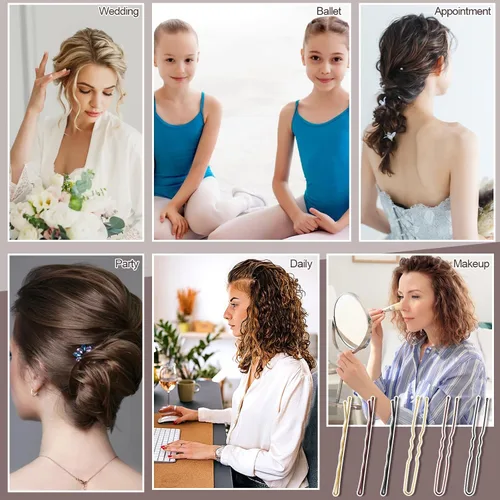 Vista 5 de Juego de 480 horquillas para el cabello, horquillas en forma de U para moños, horquillas para el cabello para mujeres, bandas de goma