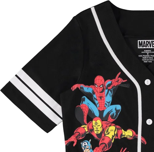 Vista 3 de Marvel Camiseta de béisbol para mujer, diseño de Spiderman, Ironman, Capitán América y Hulk, malla con botones
