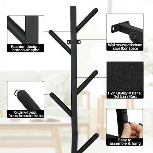 Vista 5 de Juego de 2 percheros negros para pared, perchero flotante de diseño moderno, perchero para ropa, bufandas, bolsos, gorras, ganchos verticales