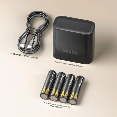 Vista 7 de imuto Baterías AA recargables con cargador, 3000 mWh aa Litio Paquete de 4