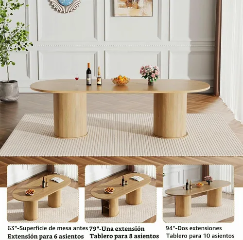 Vista 4 de Mesa de comedor extensible de madera de 63 a 94 pulgadas para 6-8-10 personas, mesa de cocina ovalada expandible con base de gabinete acanalada Mesa