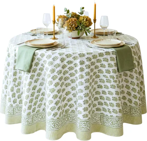 Vista 9 de ATOSII Amalfi - Mantel redondo de verano 100% algodón, estampado en bloques, para comedor, bodas, exteriores, fiestas, I Grand Millenial Farmhouse