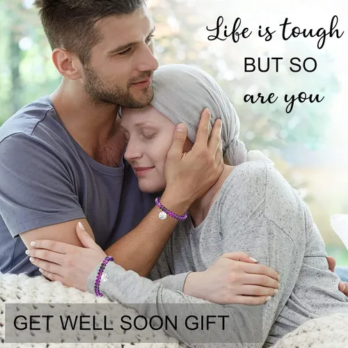 Vista 4 de Haoze Regalos para mujeres, cuentas de amatista, Life is Tough But So Are You, pulsera inspiradora Feel Better Get Well Soon, regalo para mujeres