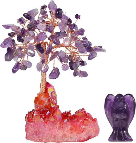 Vista 9 de mookaitedecor Figura decorativa de árbol de dinero de cristal de amatista y figura de ángel guardián para riqueza y suerte