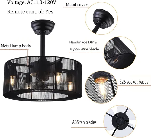 Vista 6 de OUKANING Ventilador de techo invisible enjaulado con luz, 3 velocidades ajustables, luces de ventilador de techo cerradas con control remoto