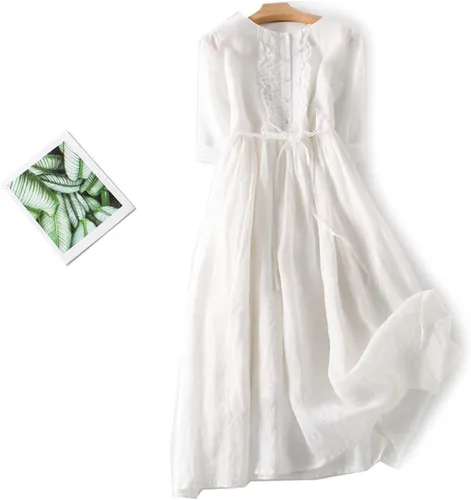 Vista 2 de Gamivast Vestido camisero casual para mujer, con botones, manga 34, elegante, de lino, con cinturón, vestido de graduación blanco, vestido de verano