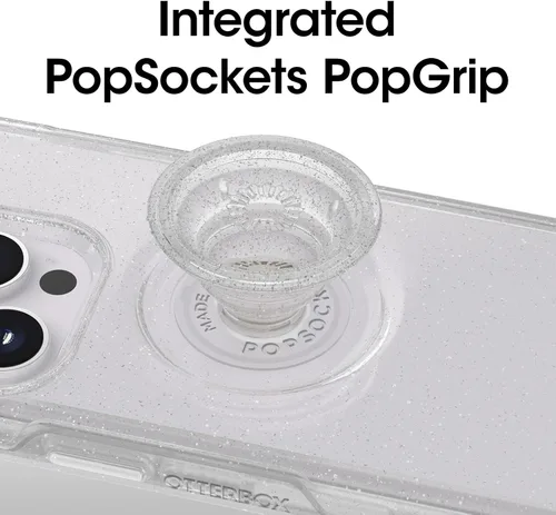 Vista 3 de OtterBox Funda transparente para iPhone 14 Pro Max (solamente) Otter + Pop Symmetry Series - Stardust POP (transparente/brillantina), PopSockets