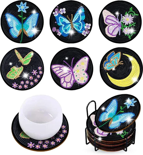 Vista 11 de 6 piezas de posavasos de pintura de diamante Posavasos de arte de diamante Pintura de arte de diamante de trasero de animal Regalo de arte