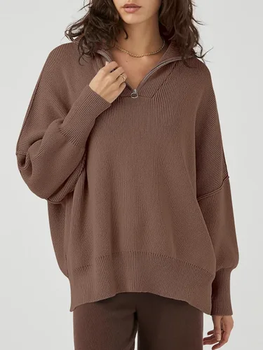 Vista 6 de Caracilia Suéter de gran tamaño para mujer, cuello con cremallera de 14, manga larga, hombros caídos, suéter holgado