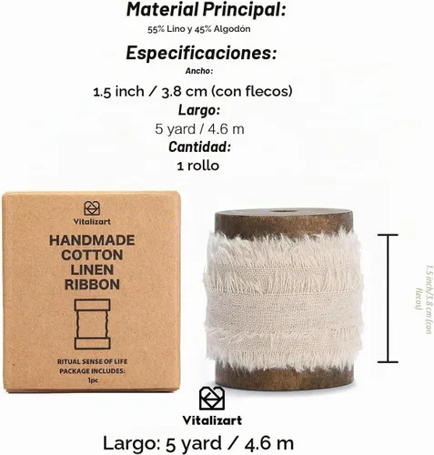 Vista 2 de Vitalizart - Cinta de algodón beige nude de 1-1/2 pulgadas, cinta de lino con flecos deshilachados rústicos para envolver regalos, invitaciones