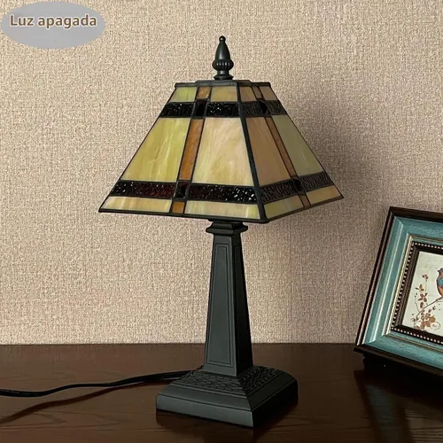 Vista 8 de Tiffany - Lámpara de mesa pequeña hecha a mano con vitrales, lámpara de escritorio antigua estilo misión ámbar para dormitorio, sala de estar