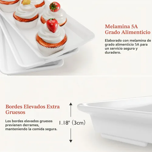 Vista 5 de Set de bandejas de servir de 3 niveles de melamina, bandejas de 29 x 14 pulgadas para servir alimentos, bandejas reutilizables blancas con soporte