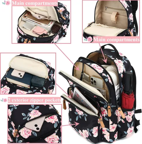Vista 19 de Leaper Mochila para laptop para mujer: linda mochila floral para escuela, universidad, viajes, trabajo, mochila ligera para niños, Negro margarita
