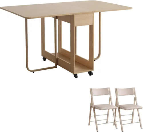 Vista 12 de Mesa de Comedor Plegable con Dos Cajones para 4/6 con Mesa de Hoja Abatible que Ahorra Espacio, Ruedas Bloqueables y Almacenamiento, Superficie