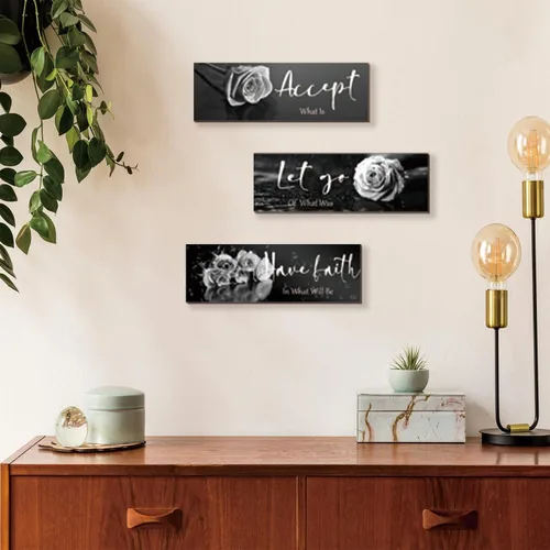 Vista 2 de ZINYAZHE 3 Piezas de Decoración de Pared en Blanco y Negro, Arte de Pared Inspirador de Flores de Madera, Rosas Blancas para Baño, con Frases Rosa