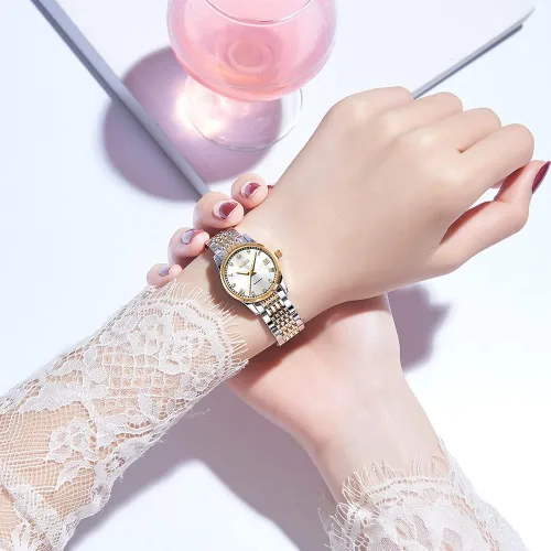 Vista 2 de OLEVS Relojes automáticos para mujer, relojes de pulsera pequeños de acero inoxidable para mujer, pulsera de tono dorado y plateado