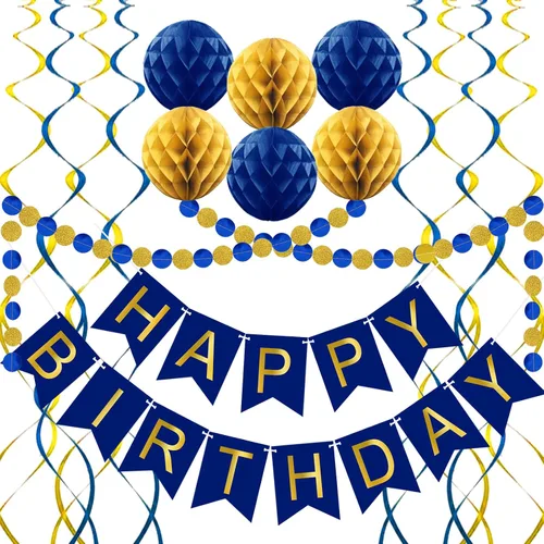 Vista 9 de Black Birthday Decorations with Happy Birthday Banner, Paper Honeycomb Balls, Circle Garland and Hanging Swirl Decorations Negro y dorado