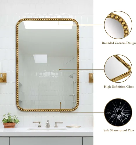 Vista 5 de Espejo de pared para baño, espejo rectangular de 24 x 36 pulgadas, marco de cuentas de esquina redondeada, espejo de tocador grande que se cuelga