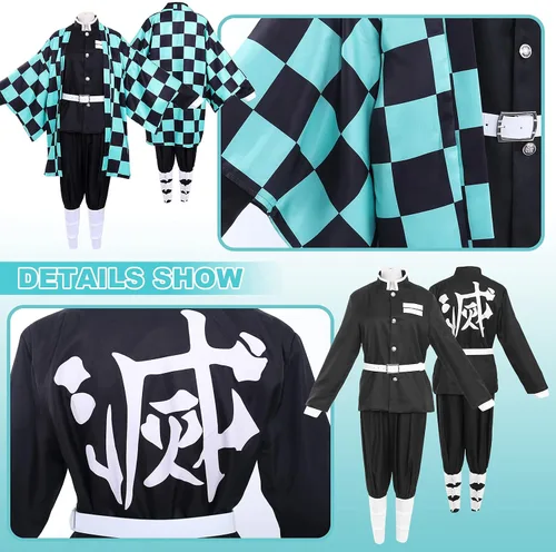 Vista 2 de Alaiyaky - Disfraz para cosplay de Tanjiro, traje para niños, disfraz con chaqueta y capa de Tanjiro Kamado de Demon Slayer para cosplay, Halloween