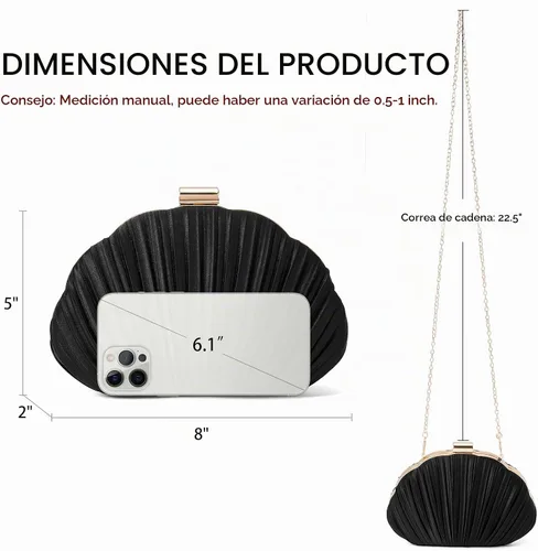 Vista 5 de RNIEGA Bolso de mano de noche plisado de satén para mujer, elegante bolso de mano con cadena para boda 1-negro