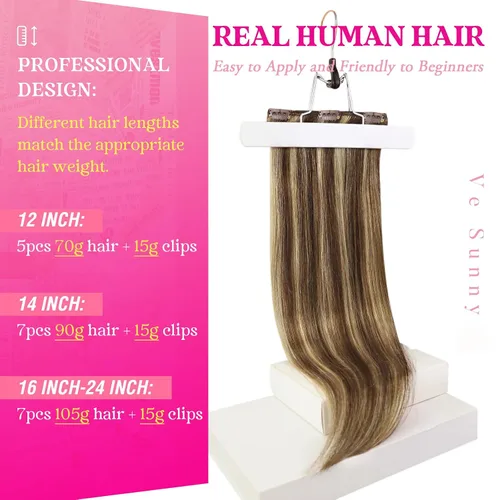 Vista 5 de Ve Sunny Extensiones de cabello clip-in de cabello humano real con reflejos, extensiones de cabello con clip para cabello corto, marrón oscuro