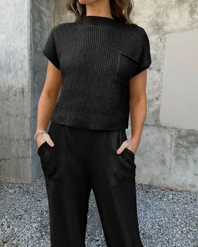 Vista 3 de RIVSAK Conjunto de dos piezas de suéter para mujer, conjunto de pantalones de suéter para mujer, conjuntos de descanso, tops de punto y pantalones