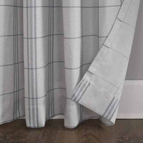 Vista 4 de No. 918 Castille Farmhouse Plaid Linen Semi-Sheer Rod Pocket Curtain Panel, 54" x 63", Blue/Linen