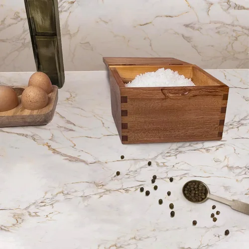 Vista 6 de Bodega de sal de madera de acacia con tapa abatible, caja de sal grande de 20 onzas para encimera de cocina, conservador de sal para sales gourmet