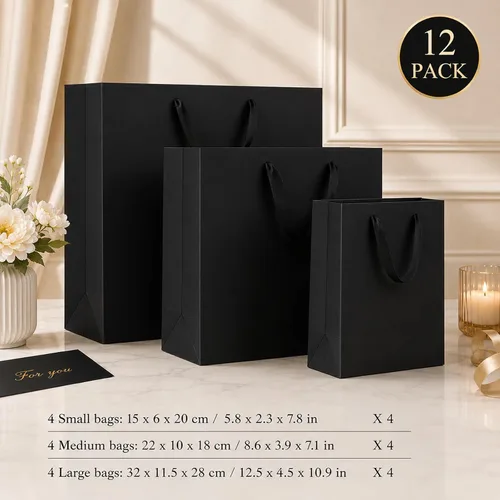 Vista 3 de Offizon 12 bolsas de regalo negras, bolsas de regalo con papel de seda