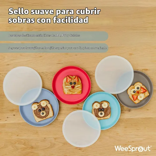 Vista 3 de WeeSprout Platos de bambú con tapas de silicona, juego de 4, vajilla de tamaño infantil, cereales, sobras y aperitivos, vajilla de melamina apta
