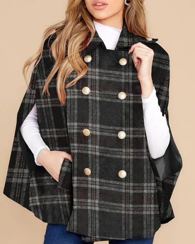 Vista 4 de MISUMALLS Poncho a cuadros para mujer, cuello abatible, doble botonadura con botones y bolsillos
