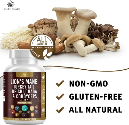 Vista 7 de Suplemento de hongos con cola de pavo de melena de león Reishi Cordyceps Chaga raíz de malvavisco - 120
