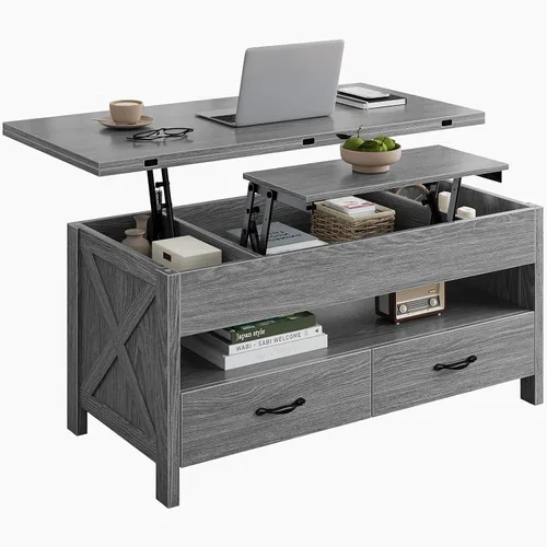 Vista 3 de Marsail Mesa auxiliar elevable, mesa central multifuncional 4 en 1 con compartimento oculto, 2 cajones y estante abierto, altura ajustable para sala