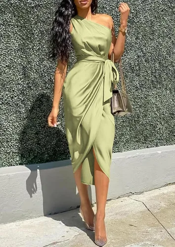 Vista 5 de PRETTYGARDEN Vestido de verano de satén fruncido de un hombro para mujer, sin mangas, envolvente, primavera, boda, cóctel, vestido midi