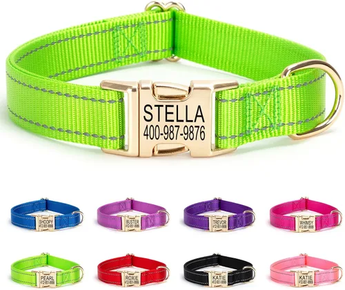 Vista 24 de Collar personalizado para perro con etiqueta de nombre, collar de nailon reflectante para mascotas, collares de perro con hebilla dorada grabada