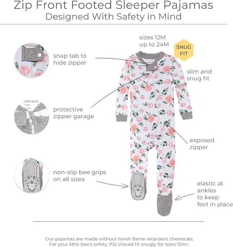 Vista 2 de Burt's Bees Baby - Pijama para niña, con cremallera delantera y pies cerrados antideslizantes, de algodón orgánico 100%, para niñas pequeñas