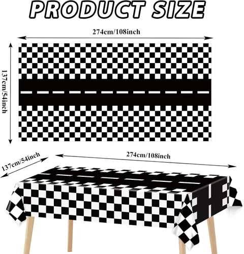Vista 2 de Mantel de plástico de 3 piezas con dos decoraciones de cumpleaños rápido, con bandera a cuadros, funda de mesa desechable para niños